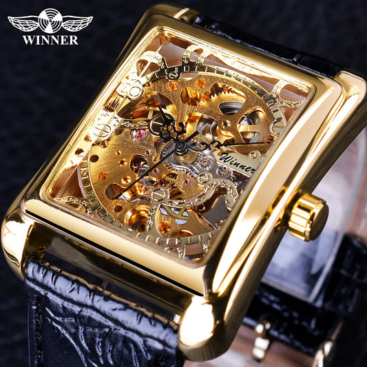 Winner 2017 Retro Casual Series Rectangle Dial Design Golden Pattern Hollow Skeleton Watch Men Watch Top Brand Luxury Mechanical
