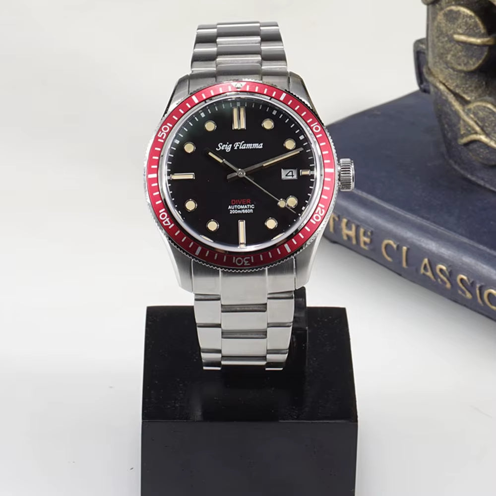 Vintage Diver Watch Men Automatic Mechanical Wristwatches 42Mm Sports Watch Retro Style NH35 Movement Luminous Clock Seig Flamma