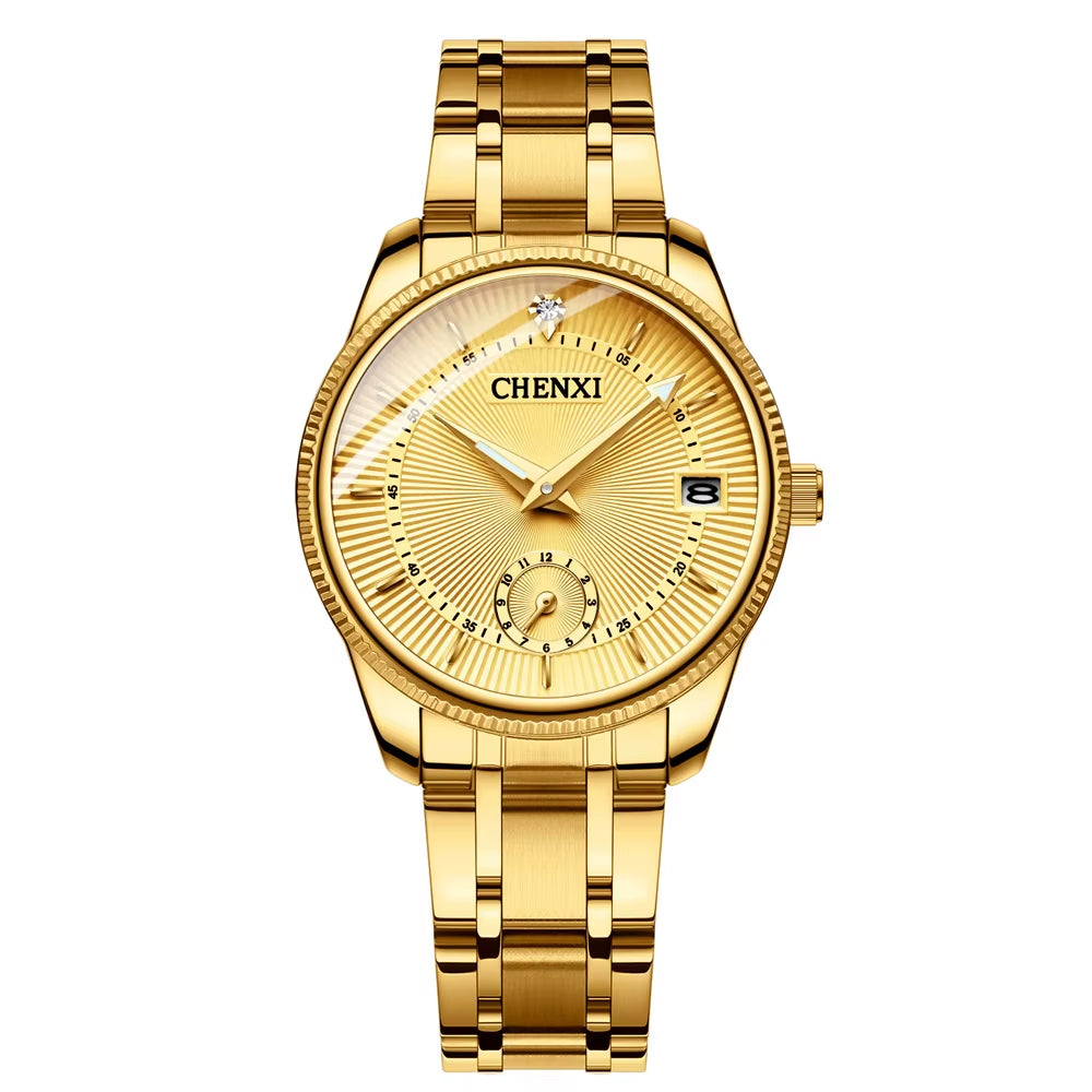 Fashion Couple Golden Watches Casual Men and Women Quartz Watch Stainless Steel Luminous Calendar Waterproof Wristwatch
