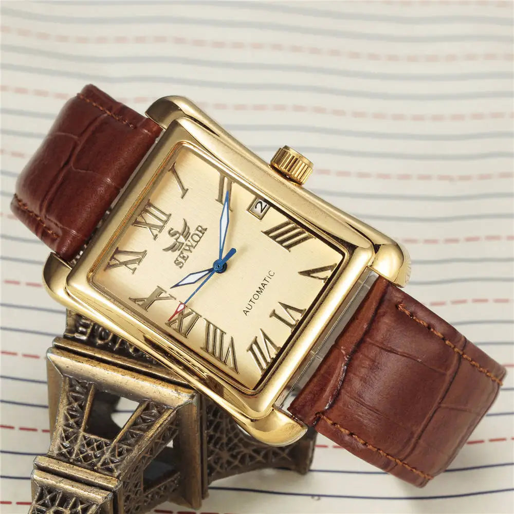 SEWOR Top Brand Luxury Men Watches Gold Rectangle Automatic Mechanical Watches for Men Classic Man Watches Relogio Masculino