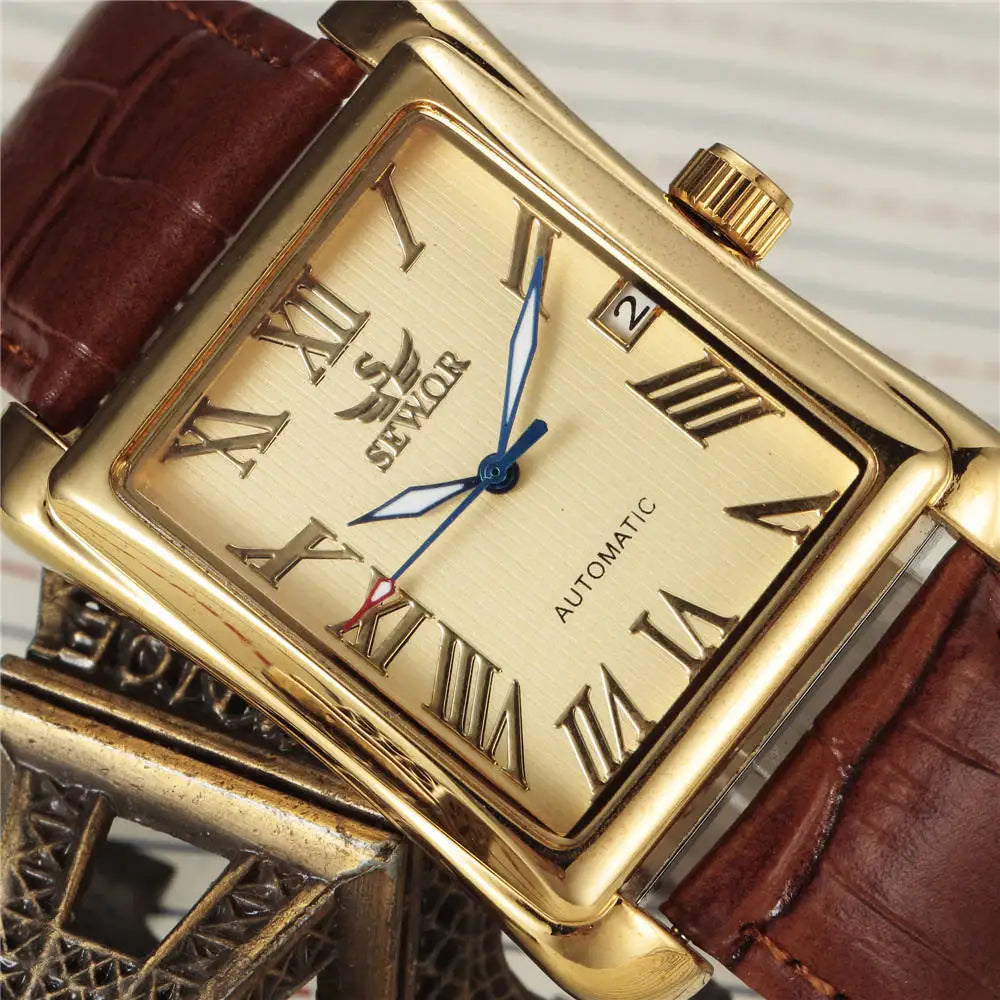SEWOR Top Brand Luxury Men Watches Gold Rectangle Automatic Mechanical Watches for Men Classic Man Watches Relogio Masculino