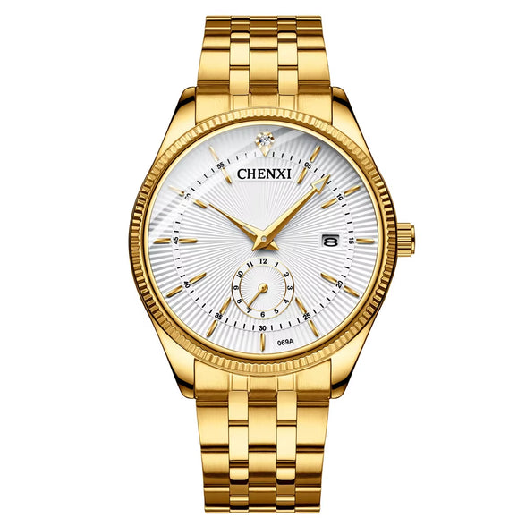 Fashion Couple Golden Watches Casual Men and Women Quartz Watch Stainless Steel Luminous Calendar Waterproof Wristwatch