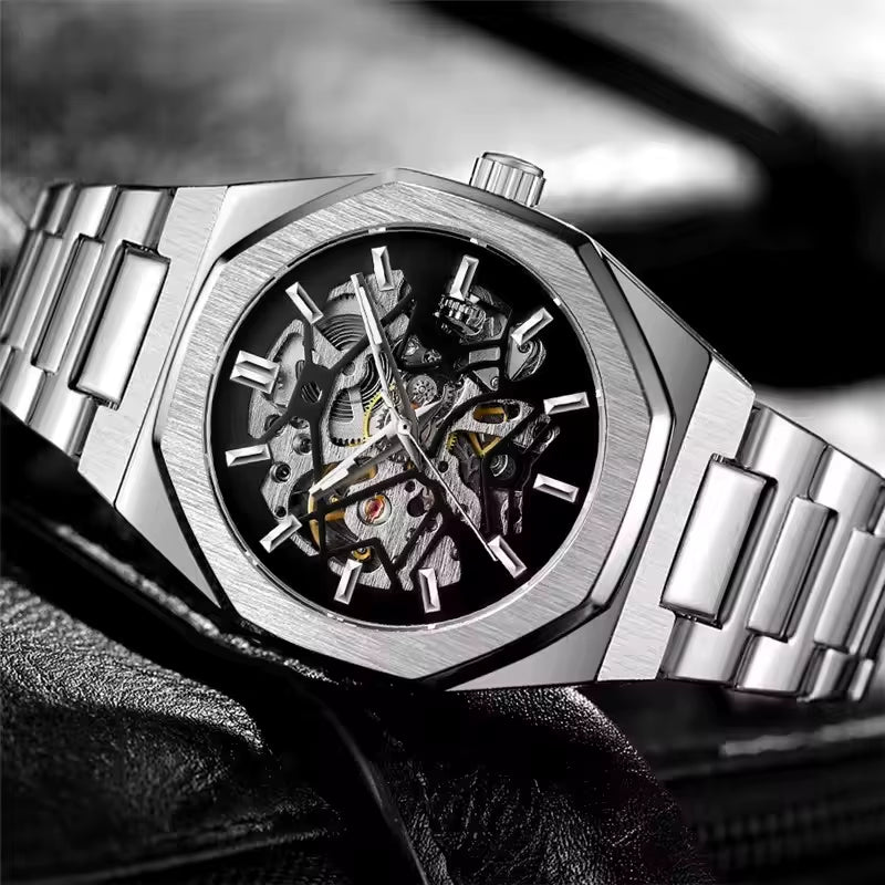 344D Fashion Skeleton Men'S Mechanical Watch Automatic Movement Pointer Night Light Steel Watch Advanced Men'S Clock